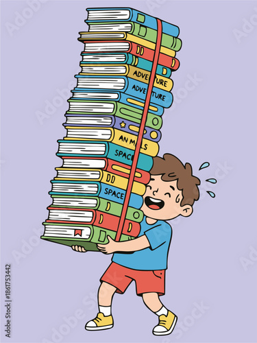Cartoon illustration of a happy school child carrying a stack of books.