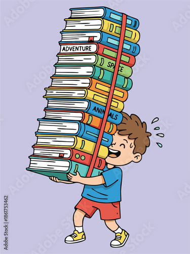 Cartoon illustration of a happy school child carrying a stack of books.
