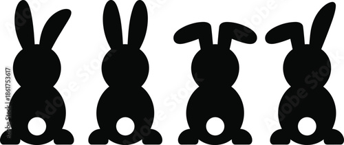 Cute rabbit silhouettes collection illustration showing bunny ear variations, black vector animal icons set isolated on white background minimal design