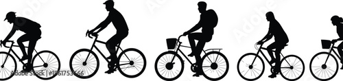 Cyclists silhouette riding bicycles in motion, urban commuting people, eco transport, healthy lifestyle, outdoor activity, black figures, white background illustration