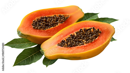 Freshly cut papaya halves isolated on white background