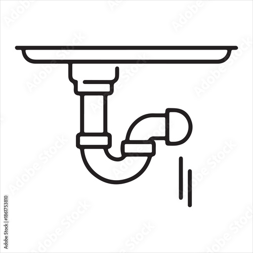 Simple line art illustration of a leaking sink drain pipe and p trap