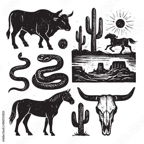 Western Desert Linocut Print Set – Boho Cactus, Canyon Wildlife & Rodeo Icons