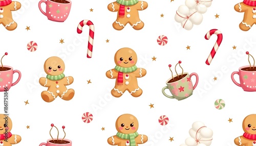 Kawaii Holiday Seamless Pattern – Gingerbread Men with Scarves & Sweet Treats