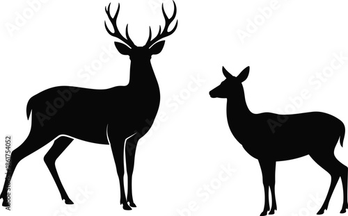 Deer silhouette illustration, stag and doe wildlife art, black animal shapes, forest mammal profile, minimal nature design, isolated white background