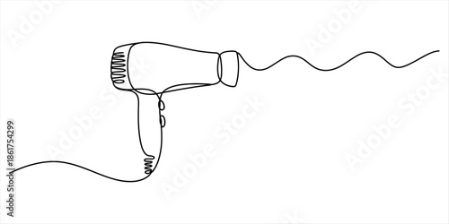 Minimalist continuous line drawing depicting a hair dryer with a wavy line representing airflow Vector, illustration