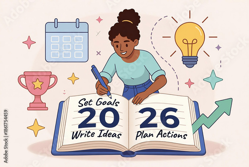 Young Woman Planning 2026 Goals with Notebook Ideas and Motivation Icons – New Year Resolution Illustration