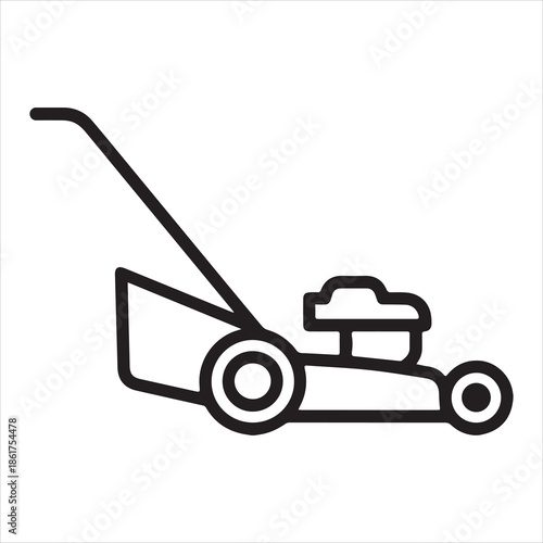 Simple line art icon of a push lawn mower on white background