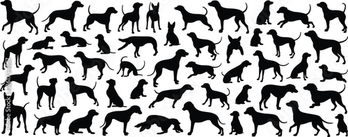 Dog silhouettes collection illustration featuring various breeds and poses, domestic pets, black vector animal icons isolated on white background