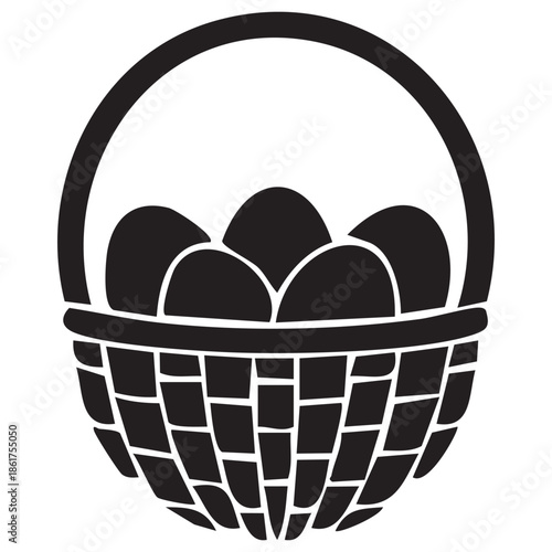 Black silhouette of a woven basket filled with eggs Keywords: easter basket, silhouette, eggs, woven basket, holiday, spring, celebration, food