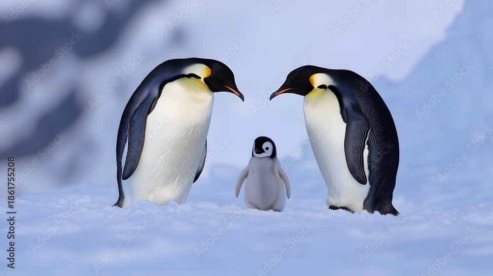Obraz premium Cute Penguin Chick Surrounded By Parents High Resolution Picture