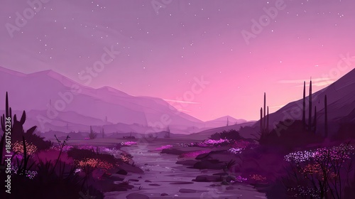 Pixel Art Desert Landscape with Violet Sky and Cacti Under Starlit Night