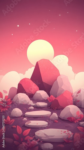 Pixel Art Scene with Pink Sky, White Moon, and Stone Path Leading Through Rocky Hillside at Sunset