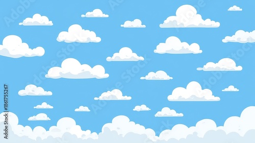 Pixel Art Sky with White Clouds Against Light Blue Background Depicting a Bright Daytime Ambiance with Various Cloud Shapes and Sizes in Digital Style