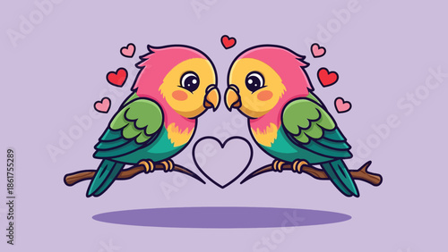 Adorable Cartoon Lovebirds Pair with Hearts on a Branch.