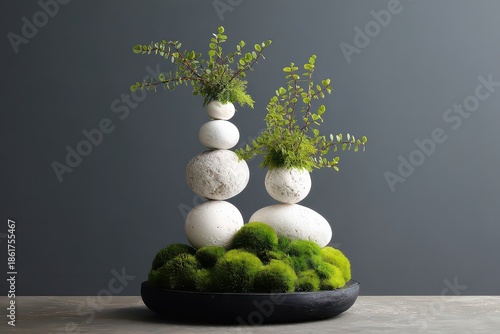 Sculptural Floral Arrangement Featuring White Textured Spheres and Vibrant Green Moss on a Gray Background Under Soft Natural Light