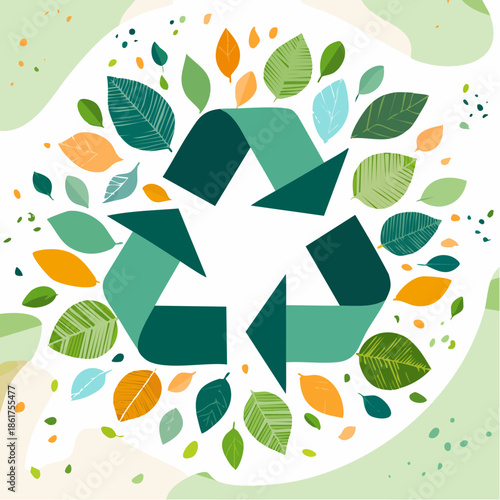 Flat illustration of a recycling symbol surrounded by colorful leaves, promoting environmental sustainability and eco-friendly practices for social media