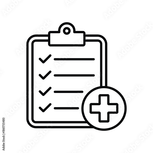 Medical Checklist Clipboard Icon with Plus Symbol for Healthcare Patient Records and Exam Form