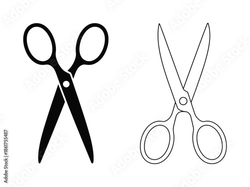 Set of Black and White Scissors Icons Representing Cutting Tools for Crafting and Sewing