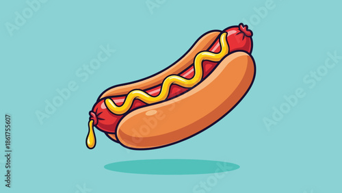 Classic cartoon hot dog with mustard in a bun.