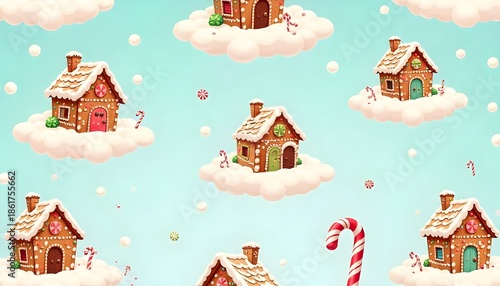 Whimsical Gingerbread House Seamless Pattern – Candy Cane Rain & Marshmallow Snow