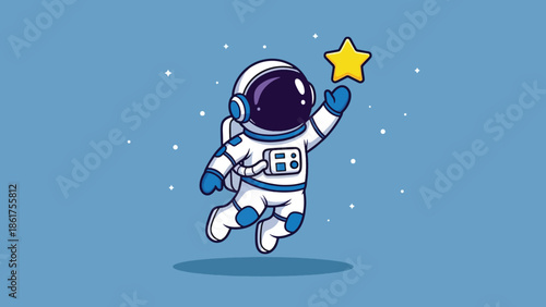 Cute cartoon astronaut in space suit reaching for a shining yellow star.