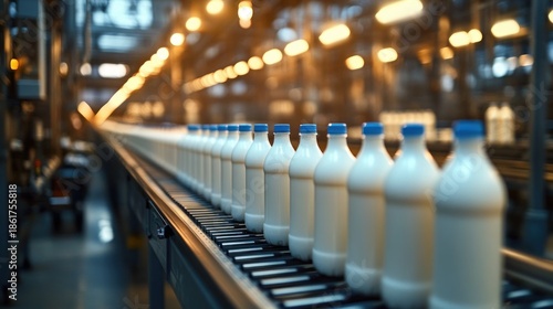 Wallpaper Mural Rows of white milk bottles with blue caps on a conveyor belt in a glowing factory assembly line, orderly repetition conveying efficiency and industrial precision Torontodigital.ca