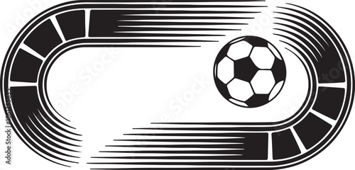 Soccer ball on running track vector illustration, dynamic speed motion football concept in black and white style