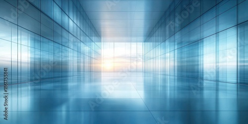 Minimalist empty glass corridor with reflective floor, blue tinted panels and distant sunrise horizon, serene futuristic spacious interior