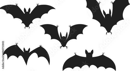 Flying bat silhouettes set, black Halloween bats isolated on white background, spooky nocturnal animal vector illustration collection