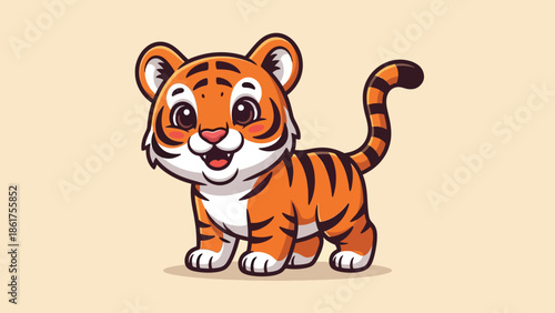 Cute cartoon baby tiger cub standing with happy expression.