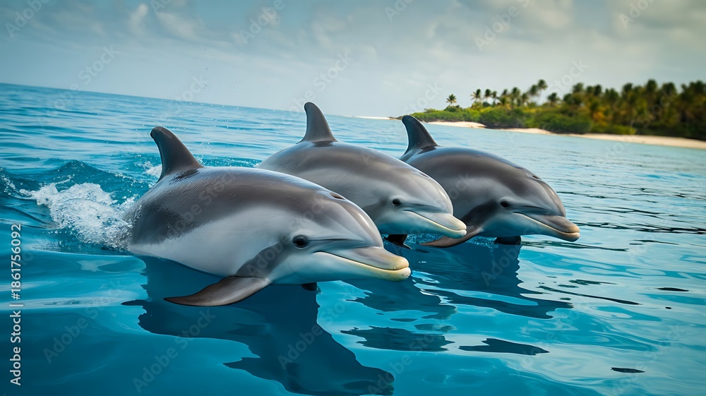 Fototapeta premium Dolphins swimming together in clear blue ocean 