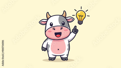Cute Cartoon Cow with an Idea Pointing at a Glowing Lightbulb.