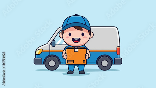 Cute cartoon delivery man holding package in front of blue delivery van.