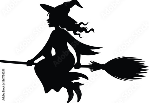 Flying witch silhouette illustration, Halloween magic character, woman riding broomstick, spooky fantasy icon, black vector art isolated white background design