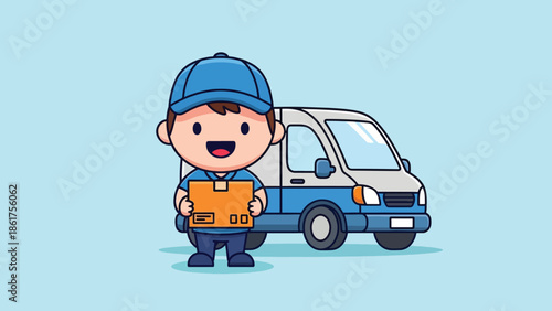 Cute Cartoon Delivery Man Holding Package with Blue Van.