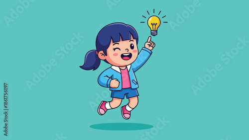Cartoon Girl Jumping with a Glowing Idea Light Bulb.