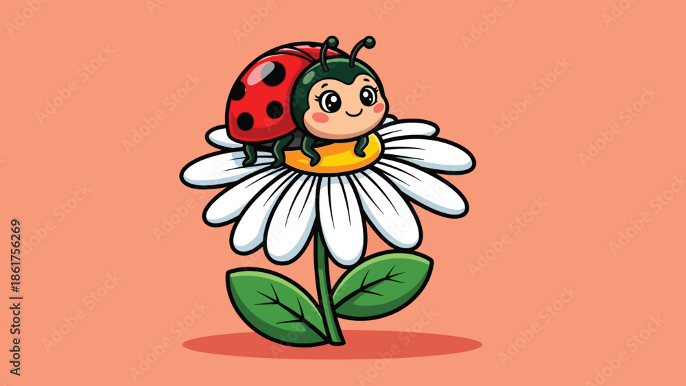 Fototapeta premium Cute Cartoon Ladybug Perched on a White Daisy Flower.