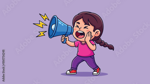 Cute cartoon girl shouting loudly through a blue megaphone making an announcement.