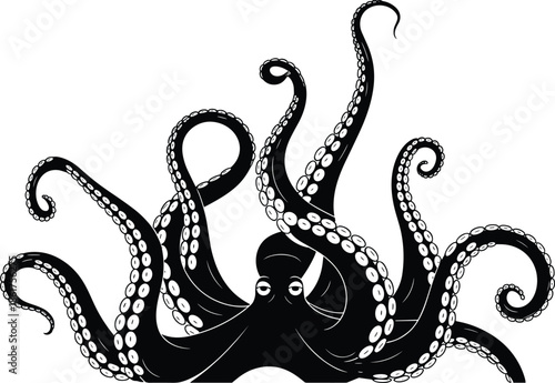 Giant octopus silhouette sea monster tentacles illustration, black vector marine animal design isolated on white background artwork