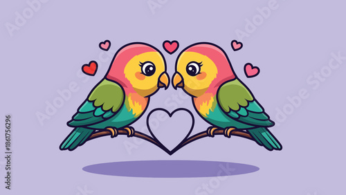 Cute cartoon lovebirds couple on heart branch with small hearts.