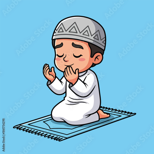 Cute cartoon Muslim boy in white thobe and kufi kneeling on a prayer mat praying with closed eyes.