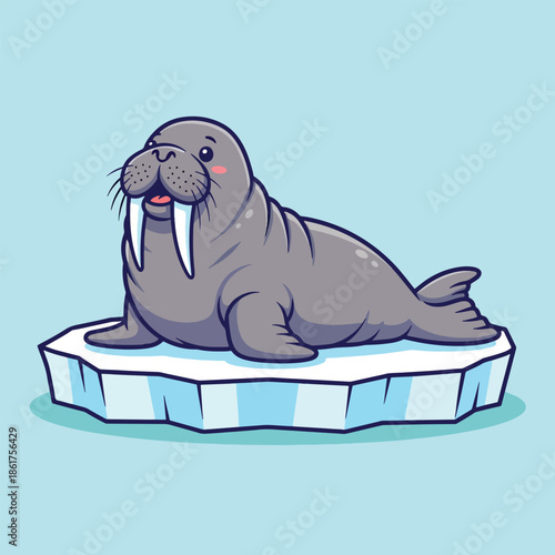 Cute Cartoon Walrus with Long Tusks Resting on an Ice Floe.