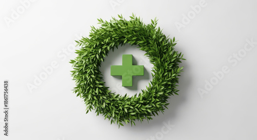 Green Cross In Leaf Wreath Decoration Healthcare Medical Wellness Natural Environment Symbol Health Aid Safety