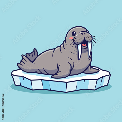 Cute cartoon walrus with tusks resting on an ice floe illustration.