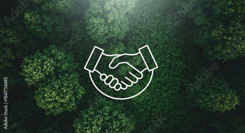 Green Business Partnership Handshake Icon on Forest Canopy Symbolizing Environmental Agreement Collaboration Eco-Friendly Solutions Sustainability Unity