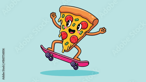 Happy Cartoon Pizza Slice with Pepperoni and Cheese Riding a Pink Skateboard.