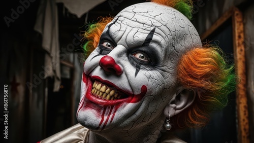 Intense portrait of a menacing clown with cracked face paint and vibrant hair