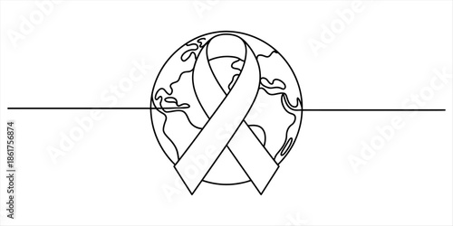 Continuous line drawing of a globe and an awareness ribbon symbolizing global support Vector, illustration