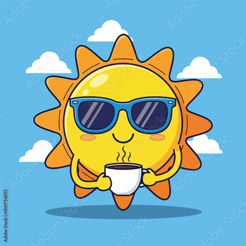 Happy cartoon sun character with sunglasses drinking coffee.